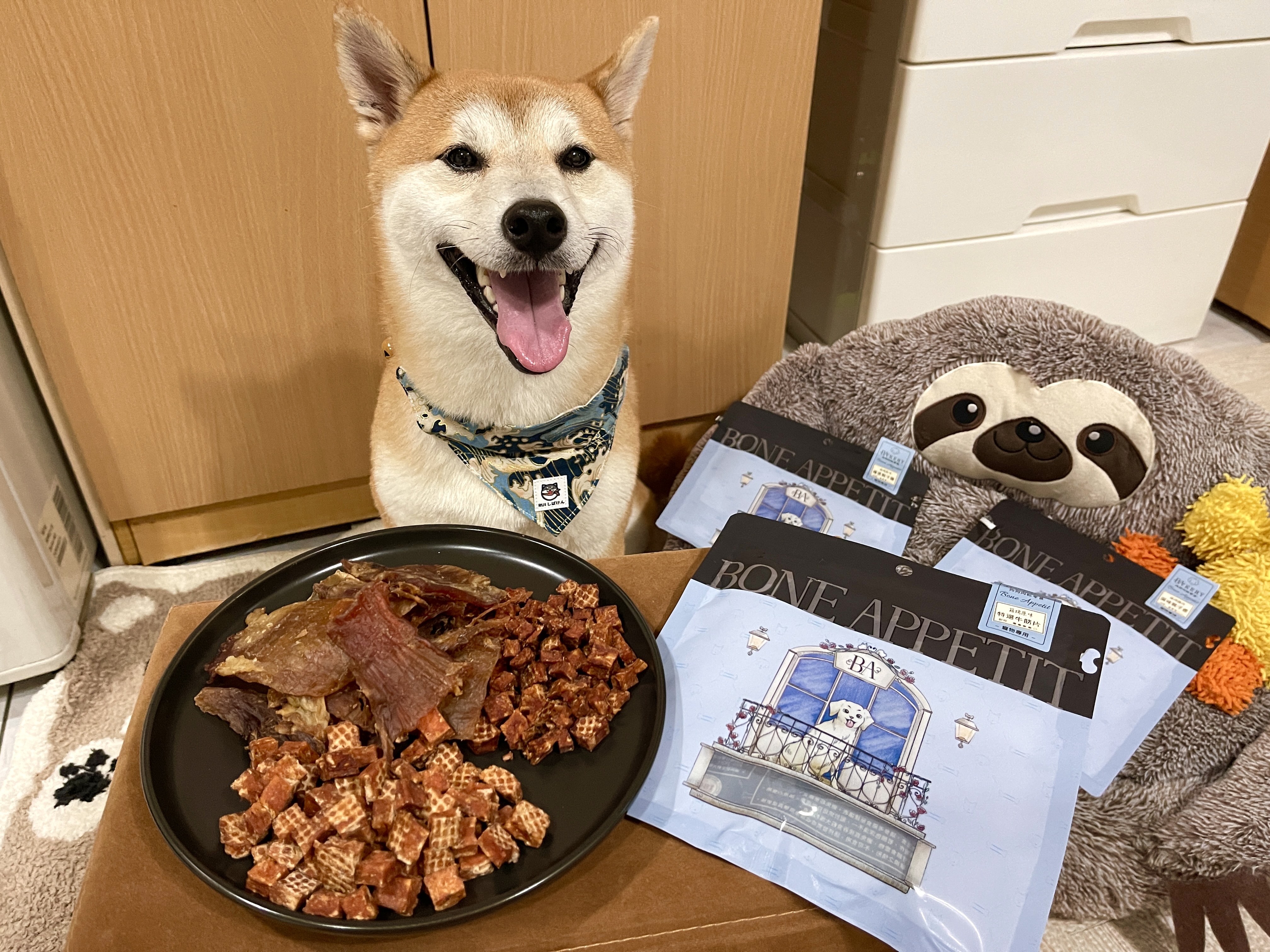 [開箱分享]柴犬皮皮｜Bone Appetit 原肉零食❗️ 雞肉風味骰子鹿、蘋果骰子機、牛筋片