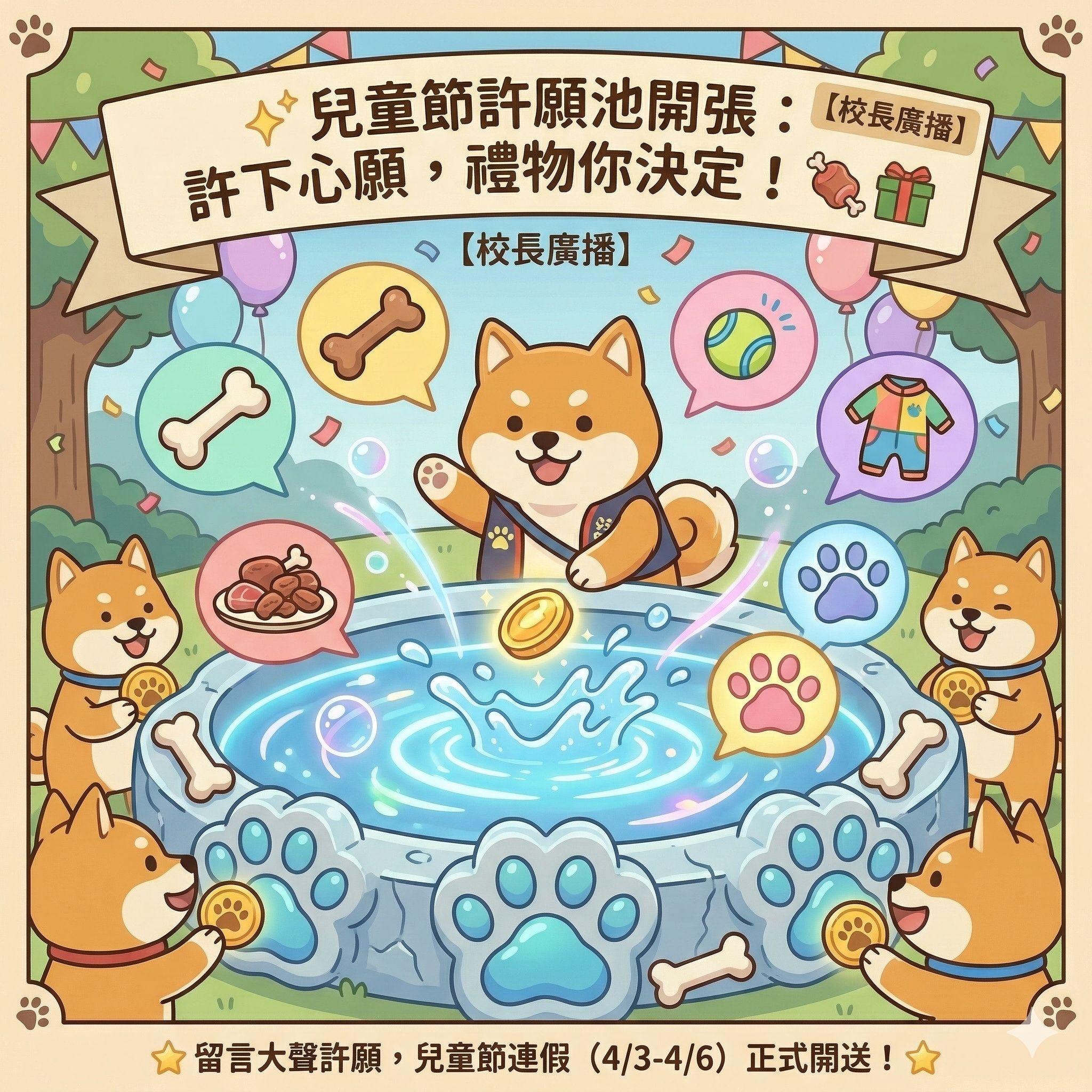 [優惠活動]【校長廣播】兒童節許願池開張 ⛲！今年想讓柴柴收到什麼禮物，由你決定！